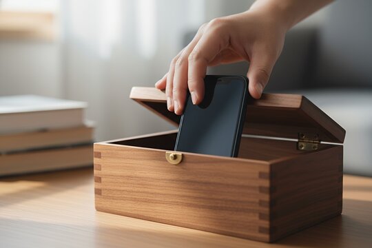 Hand placing smartphone inside wooden storage box on table digital detox concept phone off