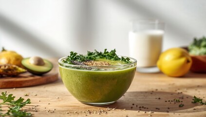Green smoothie bowl featuring avocado, kale and chia seeds, fiber-dense choice