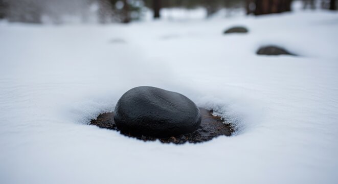 A dark, smooth rock emerges from a patch of melting snow on the ground.