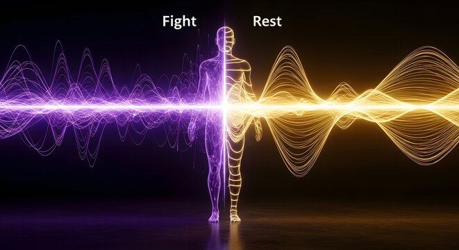 Autonomic nervous system diagram, Fight or Rest Concept with Human Silhouette and Energy Waves in
