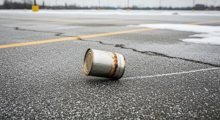 A discarded aluminum can lies on a cracked asphalt surface with patches of snow and ice.