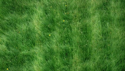 Vibrant green grass in a summer garden creates an abstract texture, enhancing the colorful natural backdrop