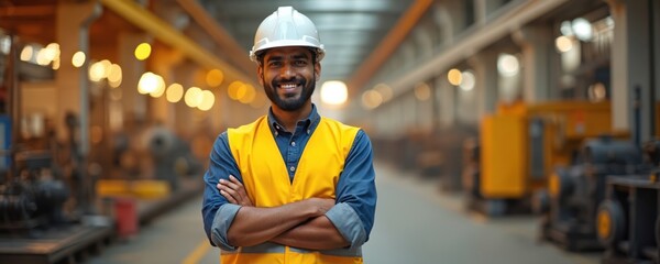 Indian male engineer smiles confidently. Wears hard hat, safety vest in large modern factory. Man stands with arms crossed, shows positive attitude towards industrial job. Ready for new challenges,