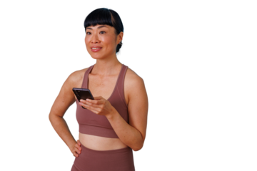 Business professional standing, using a digital tablet for work, learning, and communication. Transparent background