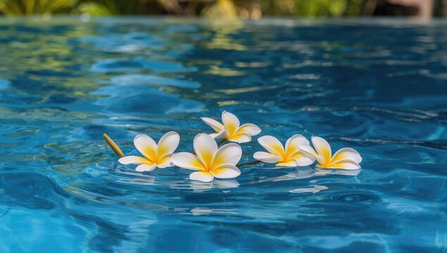 Tropical frangipani blooms drifting on azure water, serene summer vibe