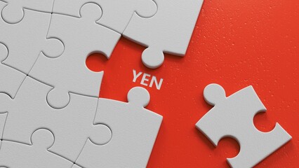 Fototapeta premium puzzle pieces with missing pieces with yen business word.close up of puzzle pieces with missing pieces,Business Concept.3D rendering.