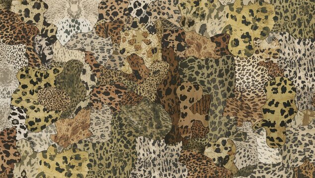 Abstract patchwork wallpaper featuring wild animal skins in a seamless 2D fur design, decorative use for interior layouts