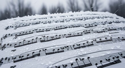 Sheet music covered in snow and water droplets, with a blurred winter forest background.