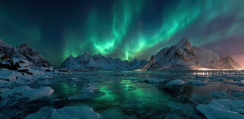Naklejka premium Aurora Borealis Action, Nature, Lofoten Islands, Landscape Photography, Winter Night, Scenic View, Natural Wonder