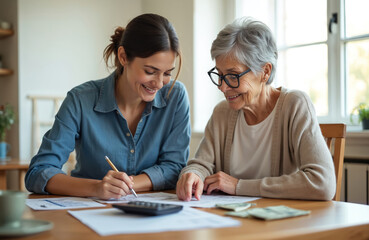 Young woman helps senior mother with family budget review at home table. They analyze bills and receipts using calculator for financial planning. Calculating expenses together.