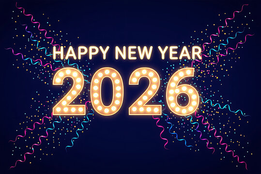 Happy new year 2026 celebration with confetti and streamers on blue background festive bright