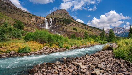 Summer scenery featuring a waterfall and river, showcasing natural beauty and tourism appeal