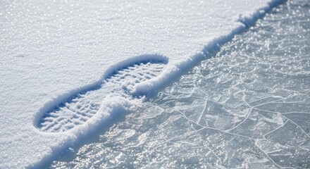 A single shoe print is clearly visible in the fresh snow on a frozen surface.