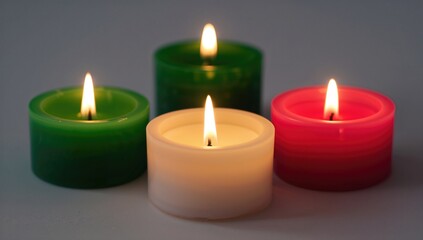 Tealight candles glowing in shades of green, pink, and white, enhancing romantic ambiance, celebration of Diwali
