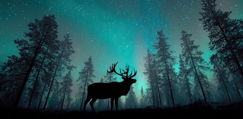 Silhouetted deer in a magical forest under a starry night sky