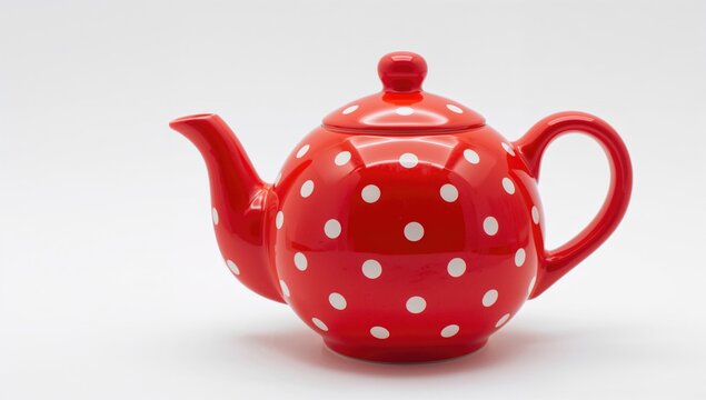 Crimson kettle adorned with white spots on a plain white surface