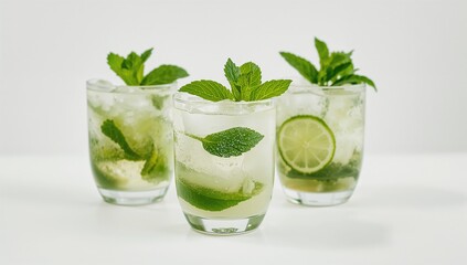 Fototapeta premium Mojito presented on a white backdrop, refreshing beverage choice,