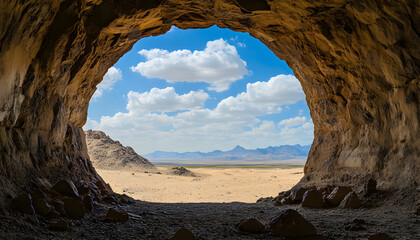 Obraz premium View from inside rough circular tunnel opening looking out to vast desert