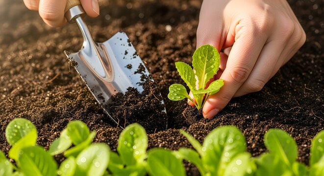 Close-up of a gardener's hands planting a small green lettuce seedling in rich soil with a trowel