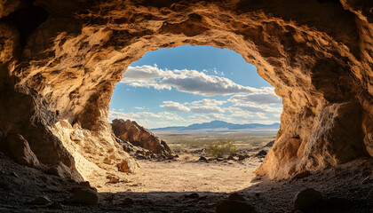 Obraz premium View from inside rough circular tunnel opening looking out to vast desert