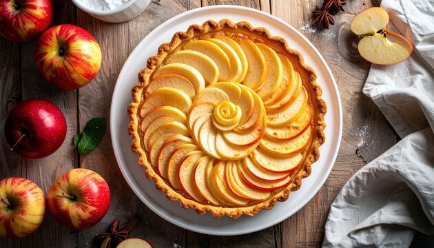 A close-up overhead view of a golden-brown apple tart, artfully decorated with thinly sliced apples arranged in a spiral pattern, surrounded by fresh apples, mi