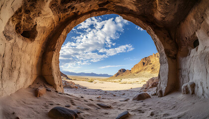 Obraz premium View from inside rough circular tunnel opening looking out to vast desert