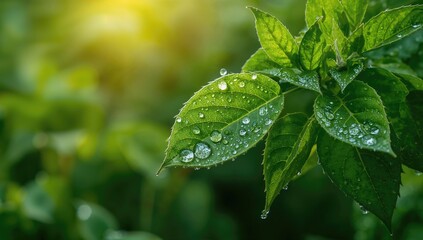 Vibrant green foliage sparkles with early morning dew, evoking a refreshing atmosphere
