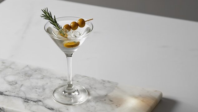 Martini cocktail garnished with green olives on a marble cutting board, refined sugar load - Powered by Adobe