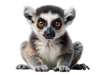 A cute baby ringtailed lemur sitting and looking directly at the camera, isolated on a transparent background