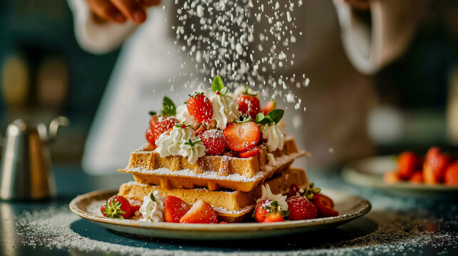 Waffles strawberries whipped cream powdered sugar dessert food sweet breakfast gourmet culinary chef cooking sprinkles garnish presentation delicious