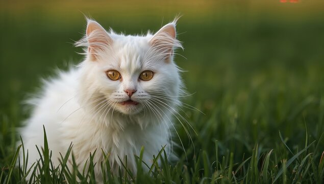 Amusing feline resting on lush greenery, playful theme