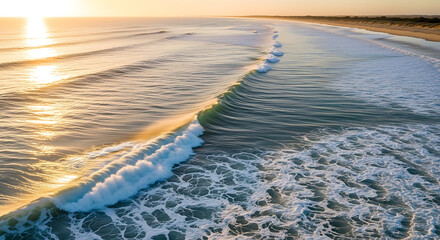 Golden hour light reflecting on a powerful ocean wave breaking along a curved sandy coastline at sunrise or sunset