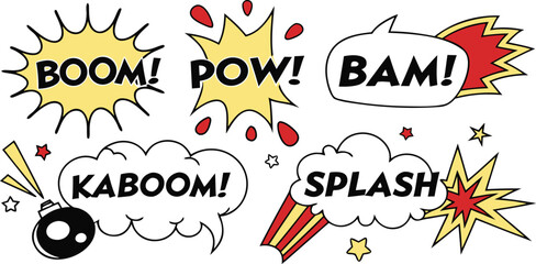 Dynamic collection of vibrant comic book sound effects featuring explosive cartoon speech bubbles, ideal for adding impactful visual energy to graphic design projects