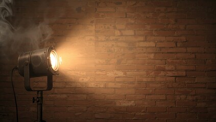 Old-fashioned cinema spotlight casting smoke on a brick wall, suitable for editorial header background
