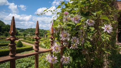 Passiflora alata vines entwined in metal fencing, showcasing growth potential, Earth Day