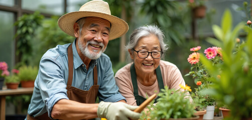 Smiling elderly Asian couple work in greenhouse garden together. Man with straw hat and woman with glasses plant flowers. Happy senior lifestyle active in nature, hobby.