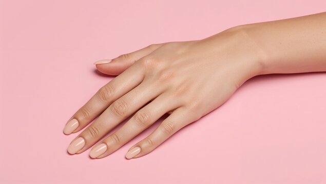 Elegant hands on a soft pink background, showcasing a natural manicure, emphasizing clean skin and delicate features.