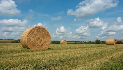 Fototapeta premium Haystacks scattered across a field, seasonal change