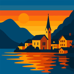 Naklejka premium Sunset Lakeside European Village With Church Tower And Mountain Reflections