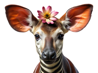 Closeup portrait of an okapi with a pink flower on its head, isolated on transparent background