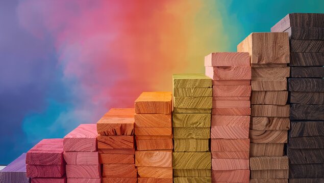 Spectrum of stacked multi-colored wooden blocks, background for creative layouts