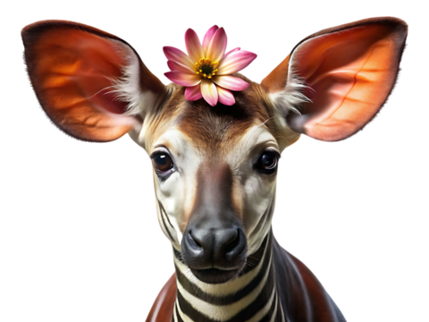 Closeup portrait of an okapi with a pink flower on its head, isolated on transparent background - Powered by Adobe