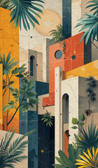 City architecture. Oil paint. Printable pattern for wall decorations, covers, wallpapers.