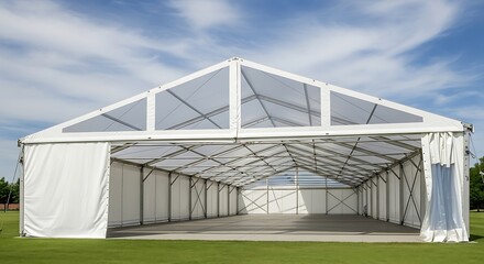 Obraz premium Large white event tent on green grass under blue sky.