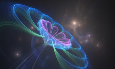 Obraz premium Abstract fractal flower in deep space. Vibrant, glowing, pastel hues radiate outward from a central blossom. Streaks and swirling lines create a sense of motion and dept