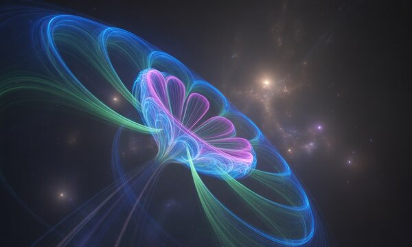 Abstract fractal flower in deep space.  Vibrant, glowing,  pastel hues radiate outward from a central blossom.  Streaks and swirling lines create a sense of motion and dept