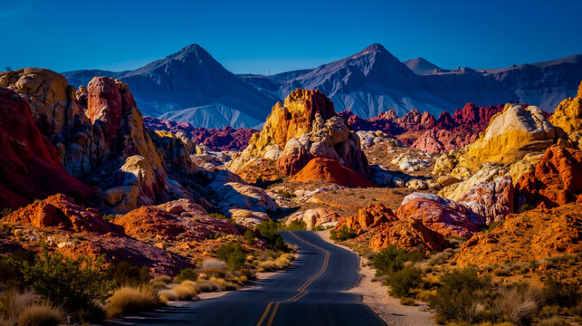 Desert mountains rocky landscape road winding scenic nature travel adventure geology colorful arid terrain wilderness outdoors