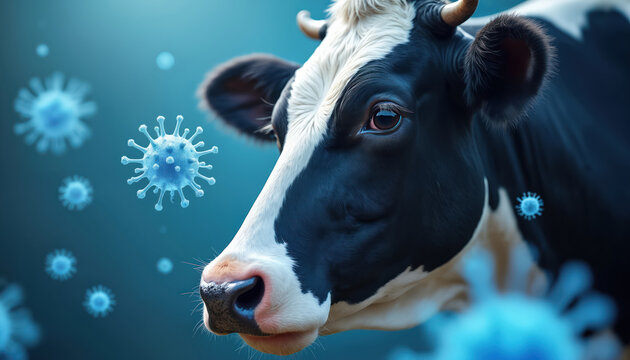 Close-up photo of cow face. Floating blue virus shapes symbolize animal health issue. Focus on infection disease control, farming practices. Visuals convey veterinary, scientific concepts. Image