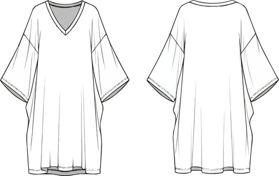 Technical fashion sketch of oversized V-neck T-shirt dress with dolman sleeves, loose tunic garment illustration, vector clothing design, flat fashion sketch