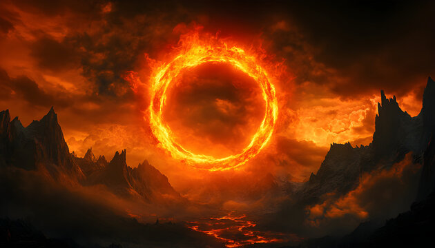 Dark stormy sky with ring of fire. Cosmic event with black hole